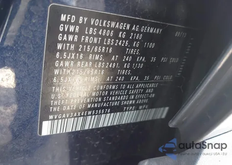 2014 Volkswagen Tiguan S from USA, damaged, VIN WVGAV3AX4EW535576
